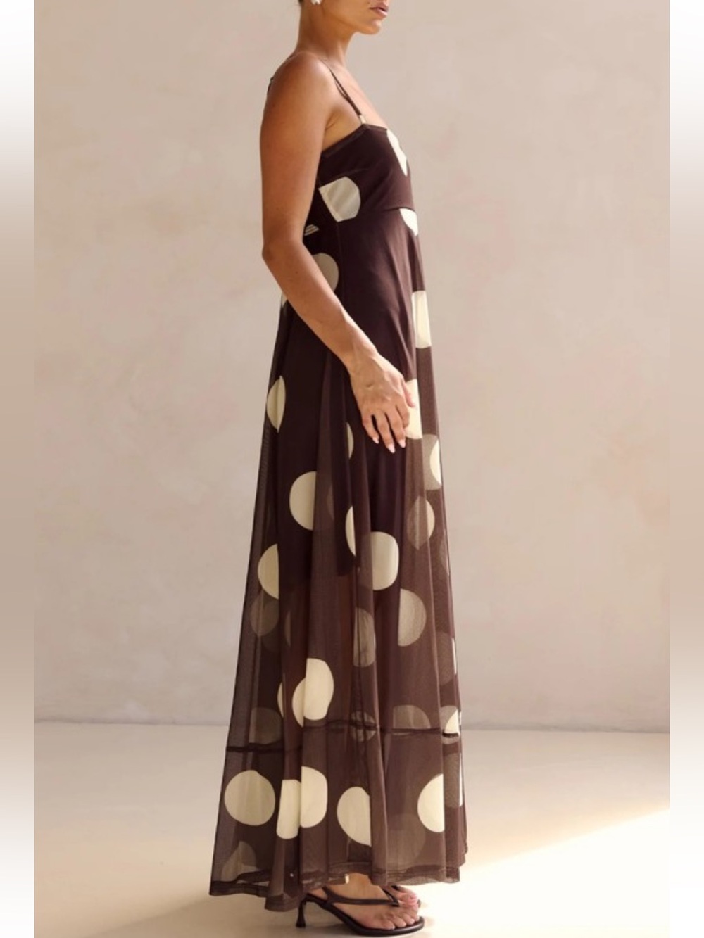 NWT! Polka Dot Spaghetti Strap Maxi Dress in Brown and Cream - Picture 2 of 4